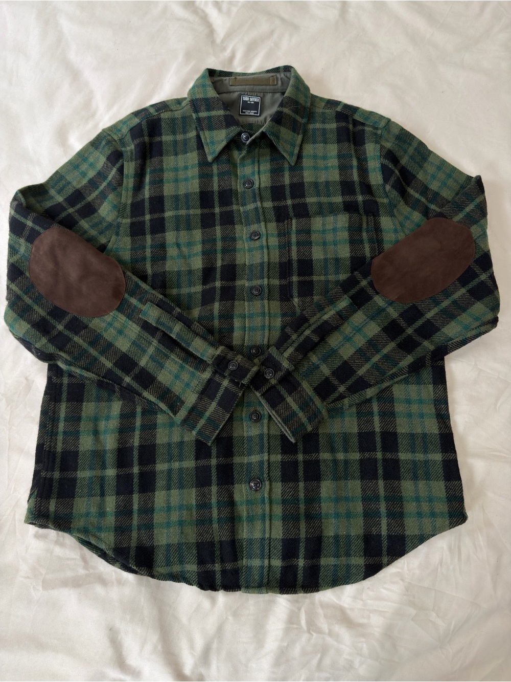 Todd Snyder Green and Black Plaid Button-Down Shirt with Brown Elbow Patches